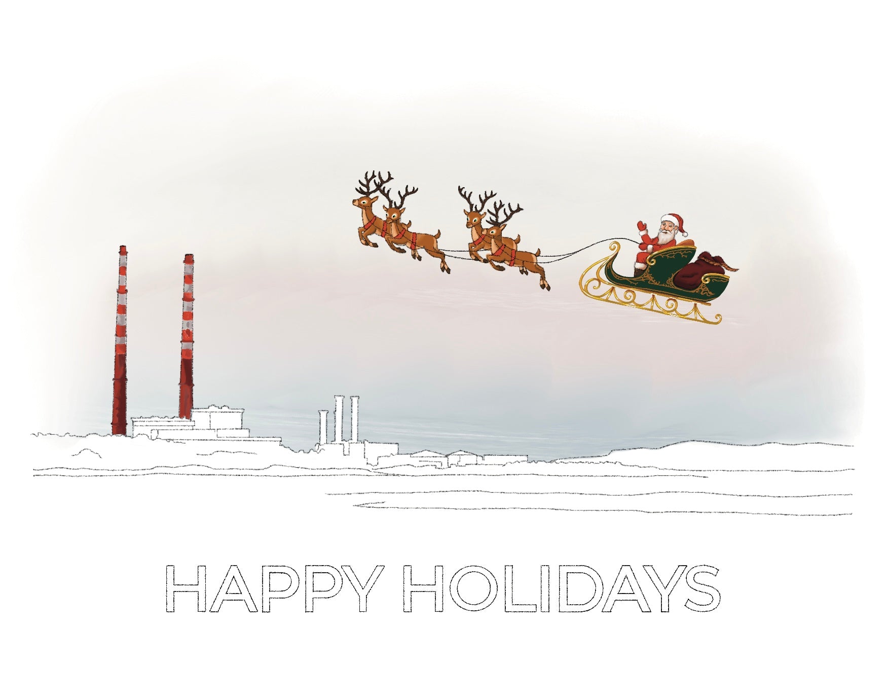 santa flying his sleigh and reindeer across the sky above dublin bay sandymount strand poolbeg towers christmas eve